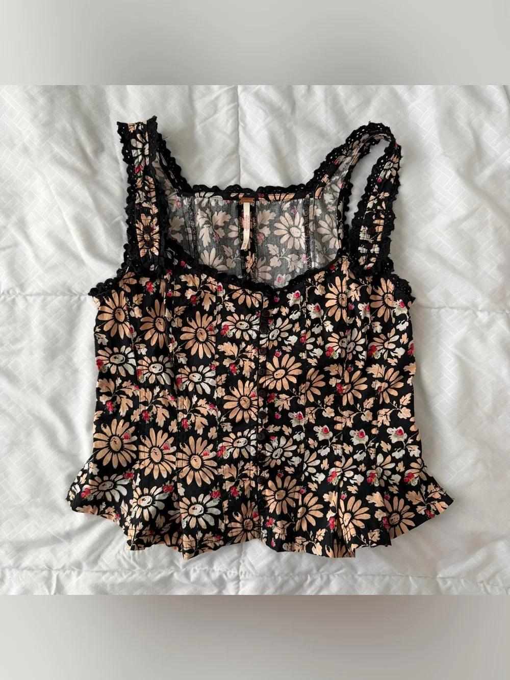 Free People Bridgette Corset Peplum Tank Top XS Black Floral Boho Retro Hippie